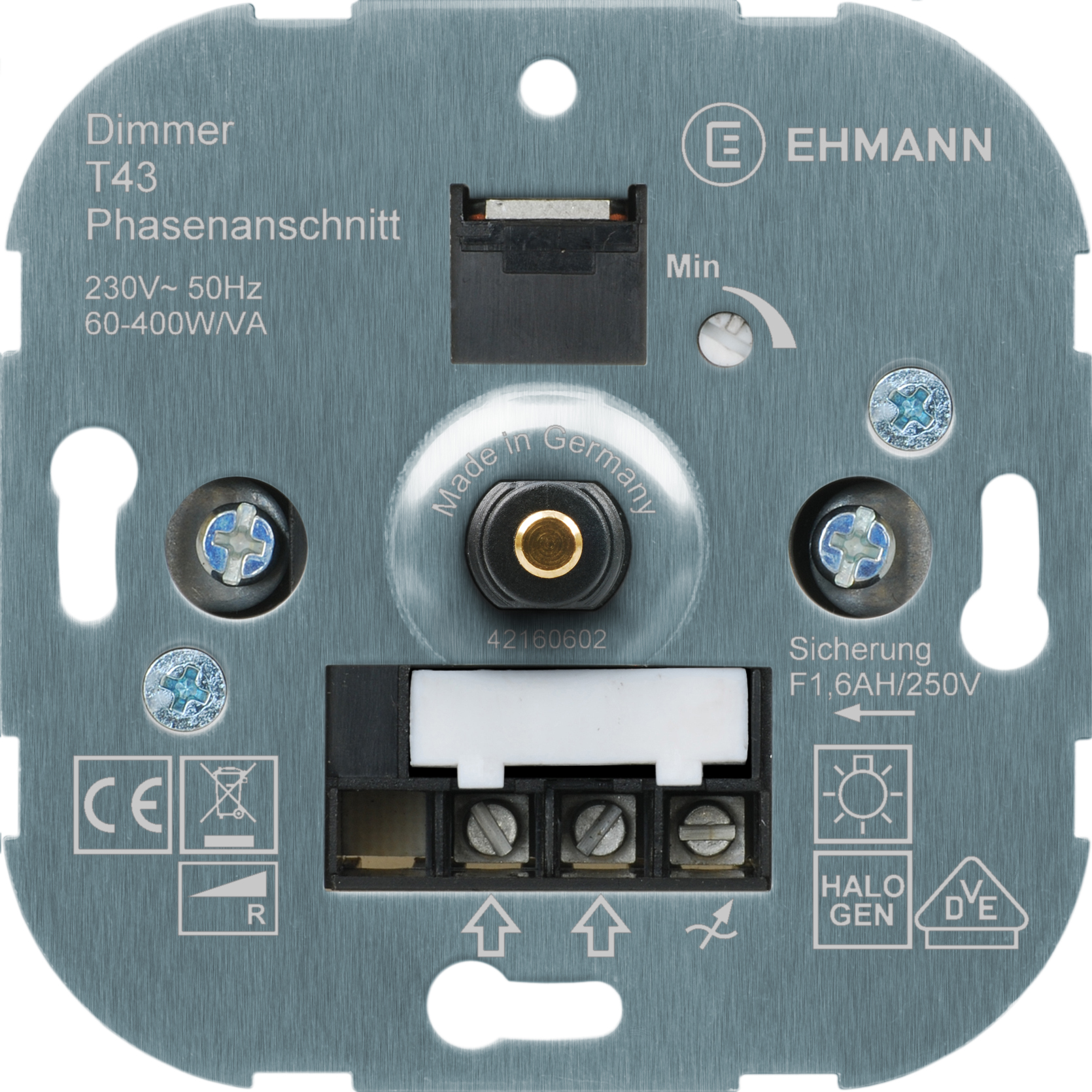 EHMANN Unterputz-Dimmer T43.00, Phasenanschnittdimmer, 230 V, 50 Hz, Leistung: 60-400 W/VA, inkl. Schalterprogramm-Adapter