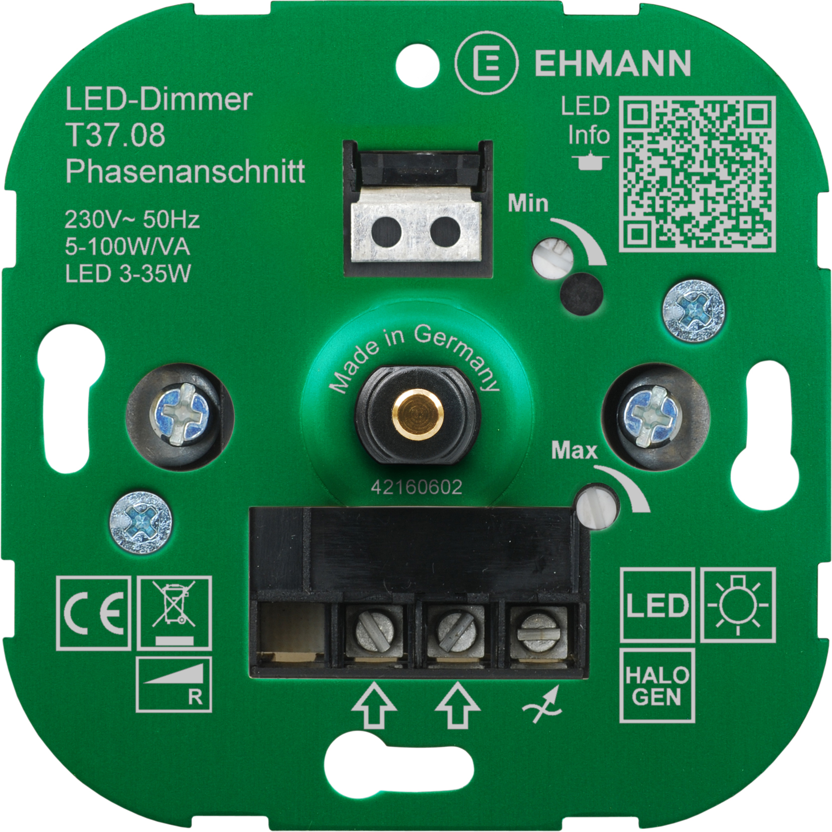 Ehmann 3700x0800 Elektronischer LED Unterputz-Dimmer, Phasenanschnitt, 230 V, 50 Hz, Leistung: LED 3-35 W, 5-100 W/VA, inkl. Schalterprogramm-Adapter