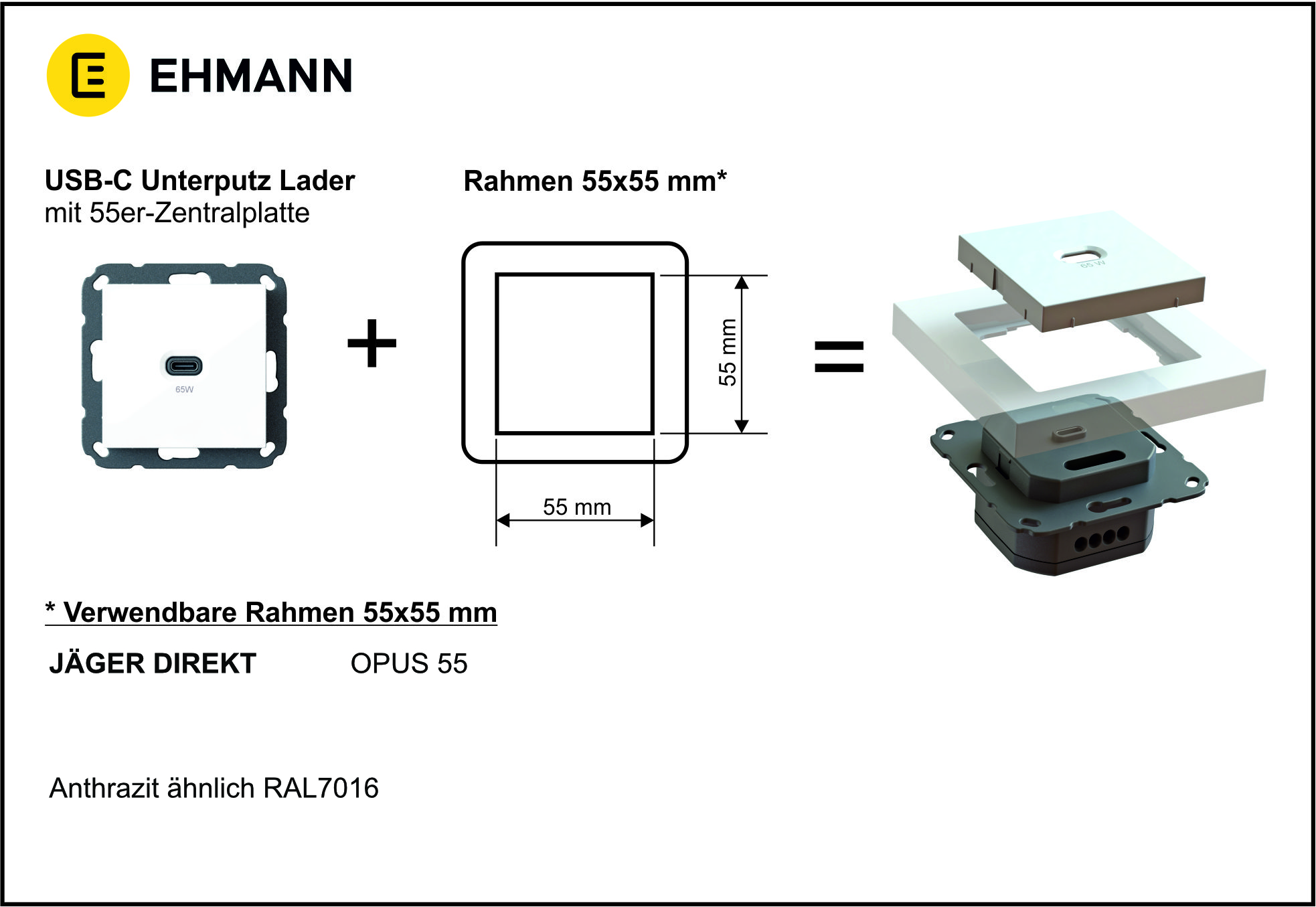 Unterputz USB-Ladestation mit USB-C 65 Watt Charger, anthrazit mit Rahmen