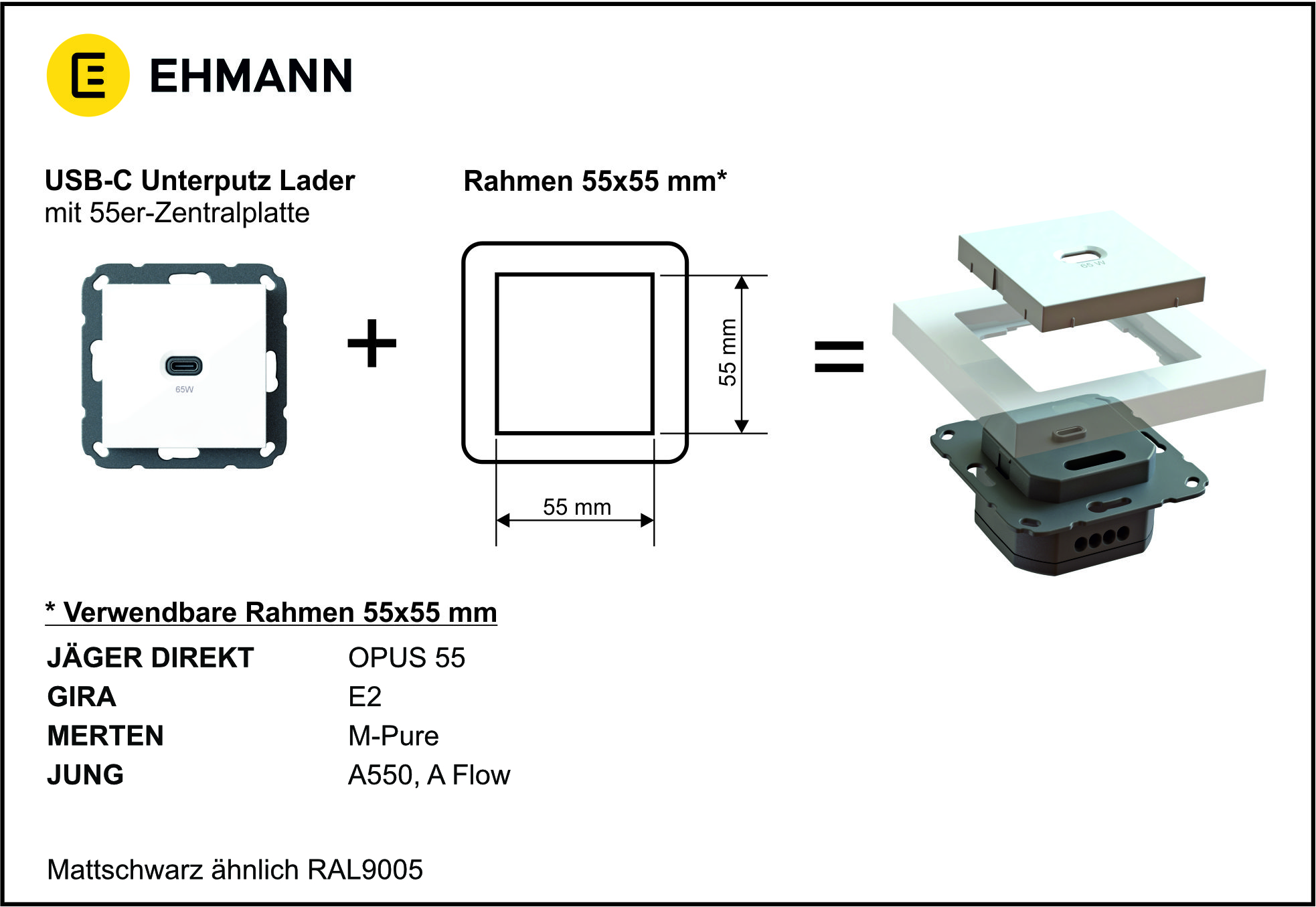 Unterputz USB-Ladestation mit USB-C 65 Watt Charger, mattschwarz mit Rahmen