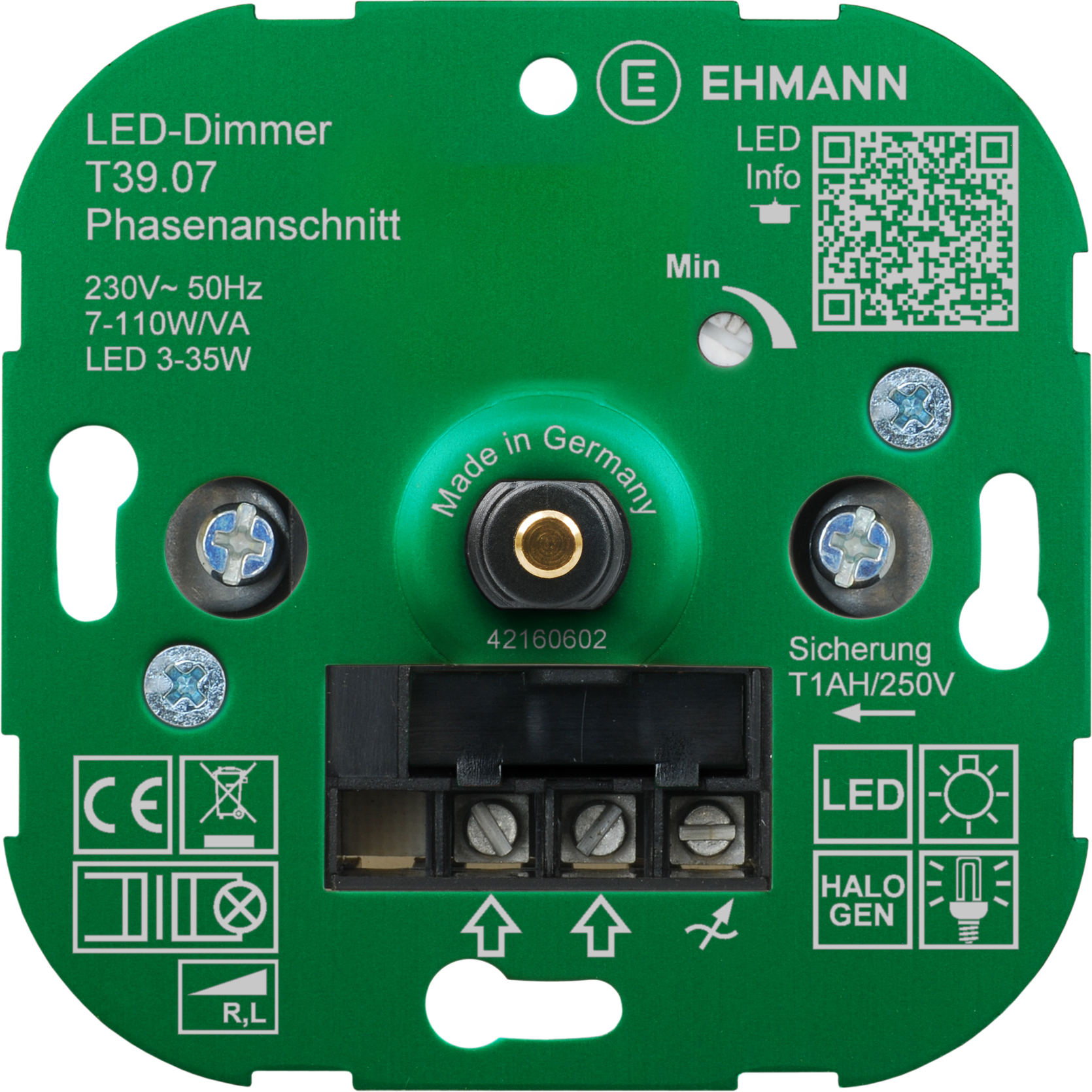 Ehmann LED Unterputz-Dimmer, Phasenanschnitt, 230 V, 50 Hz, Leistung: LED 3-35 W, 7-110 W/VA, inkl. Schalterprogramm-Adapter, Grün