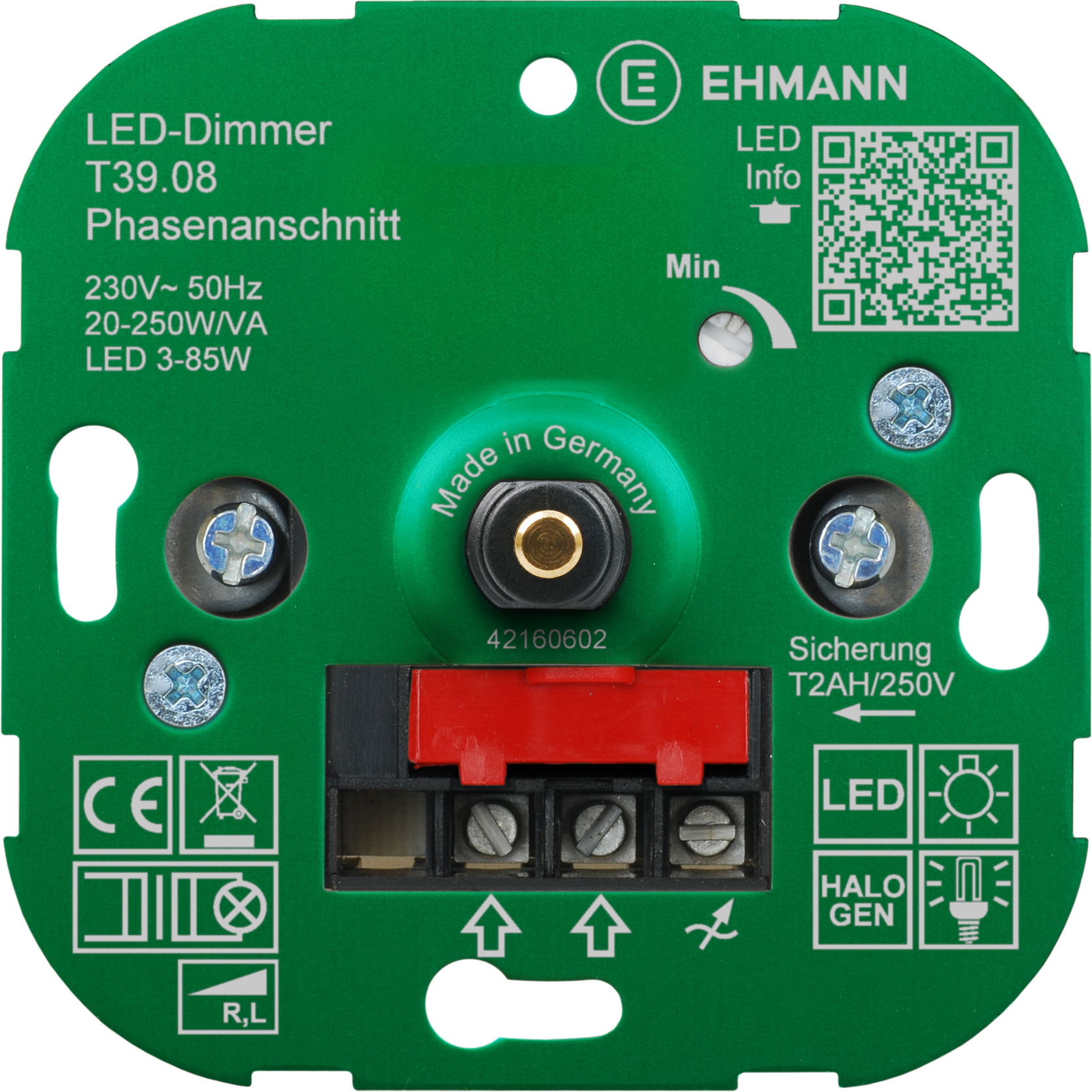EHMANN 3900x0800 T39.08 Unterputz-Dimmer, Phasenanschnitt, 230 V, 50 Hz, Leistung: LED 3-85 W, 20-250 W/VA, inkl. Schalterprogramm-Adapter