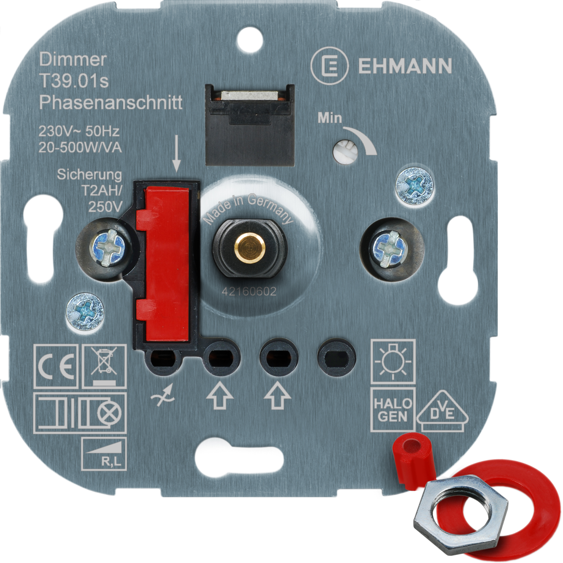 EHMANN 3900x0100 T39.01 Unterputz-Dimmer, Phasenanschnitt, 230 V, 50 Hz, Leistung: 20-500 W/VA, inkl. Schalterprogramm-Adapter