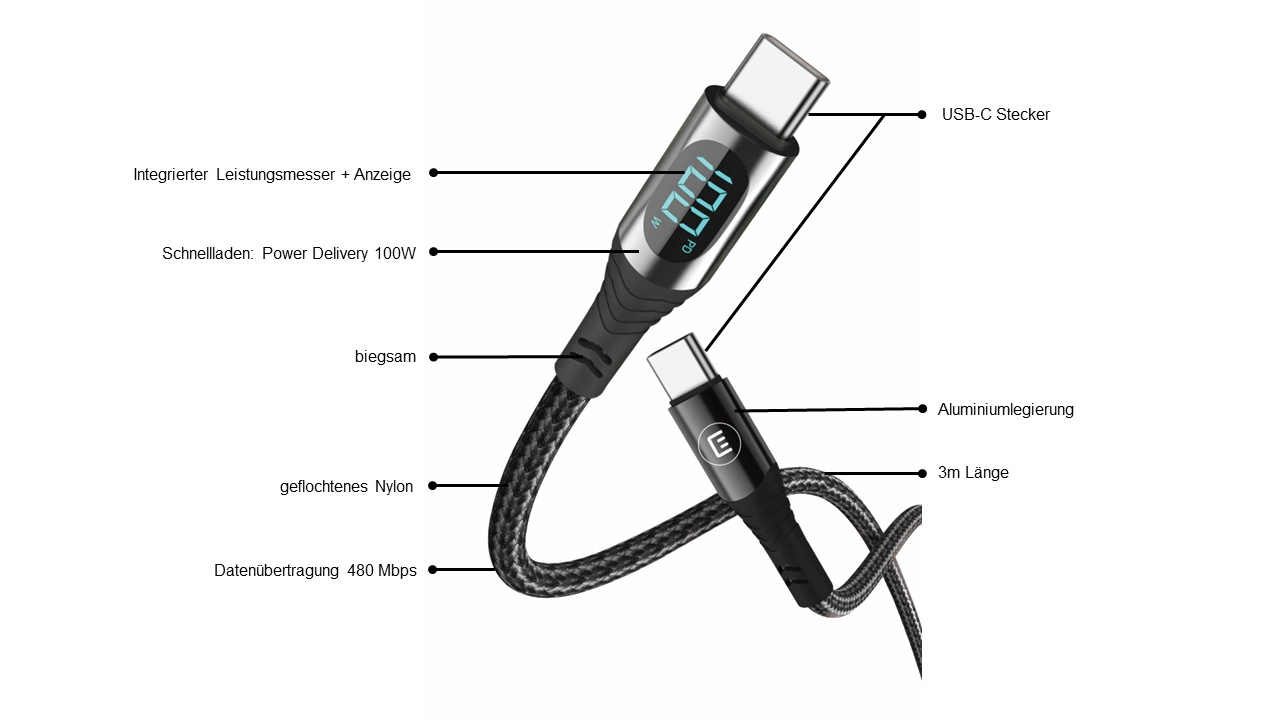 USB-C Schnellladekabel mit Display