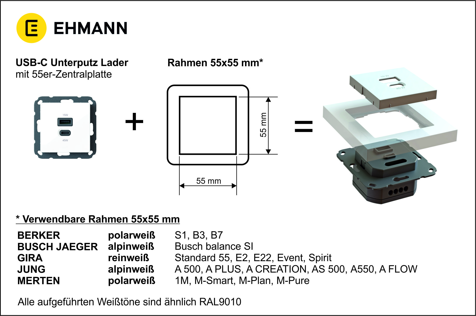 Bundle Unterputz USB-Ladestation mit USB-C 45 Watt + USB-A 15 Watt Charger, weiß mit Rahmen und USB-C Ladekabel mit Display