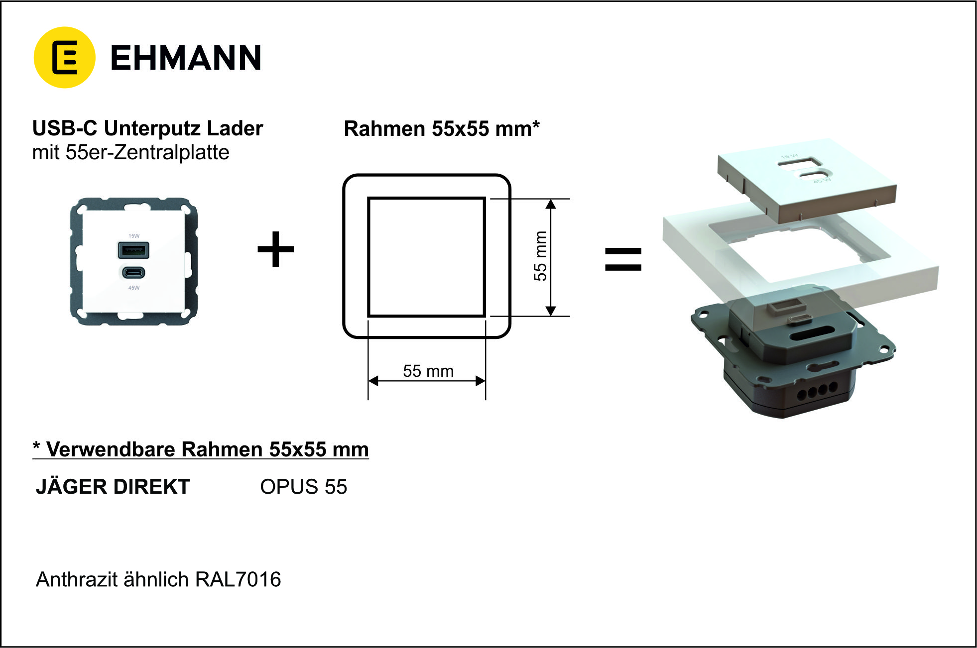 Unterputz USB-Ladestation mit USB-C 45 Watt + USB-A 15 Watt Charger, anthrazit mit Rahmen