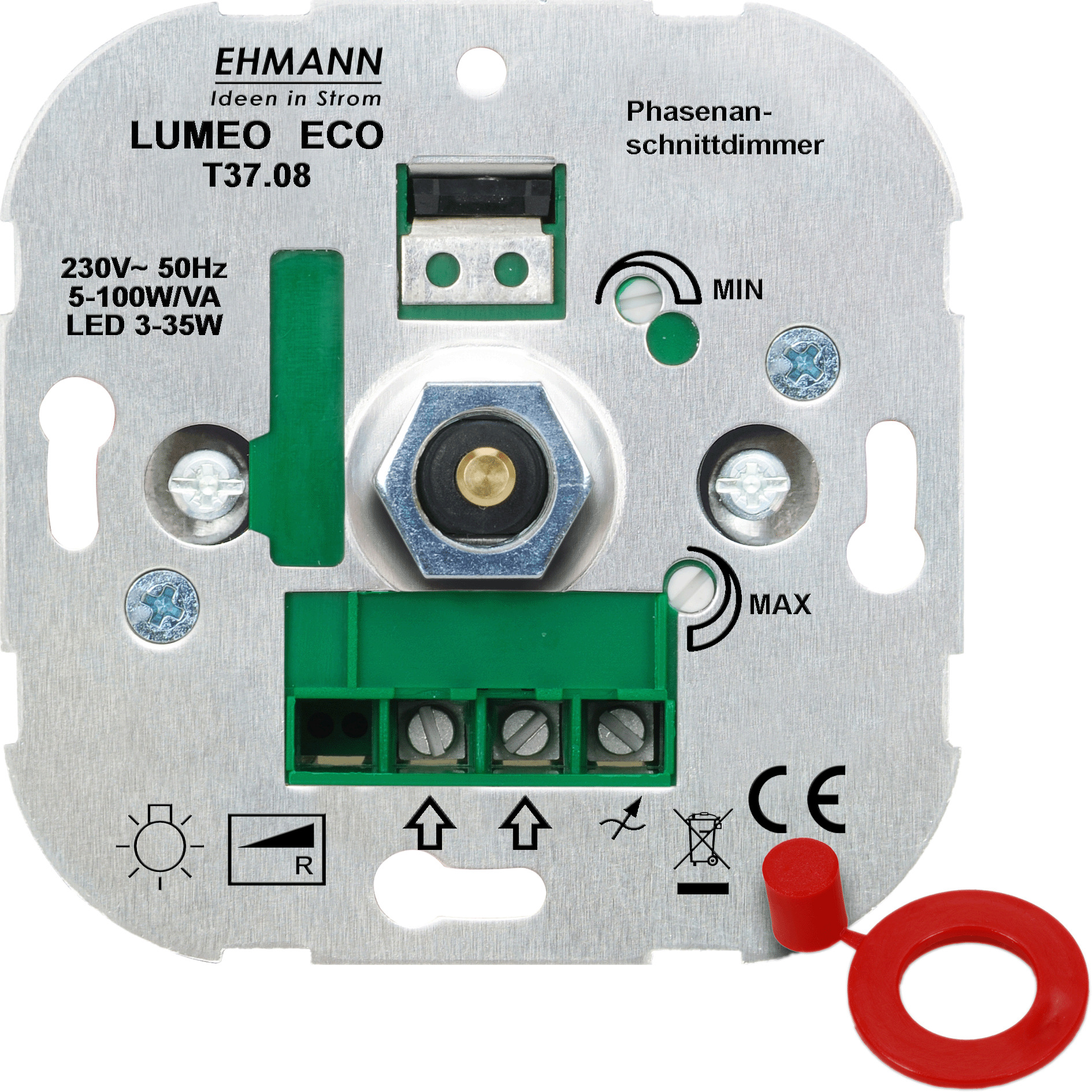 Ehmann 3700x0800 Elektronischer LED Unterputz-Dimmer, Phasenanschnitt, 230 V, 50 Hz, Leistung: LED 3-35 W, 5-100 W/VA, inkl. Schalterprogramm-Adapter