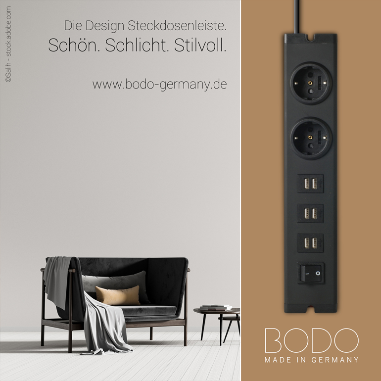 BODO Design Steckdosenleiste black elegance 2-fach + 3x USB-A Doppelport
