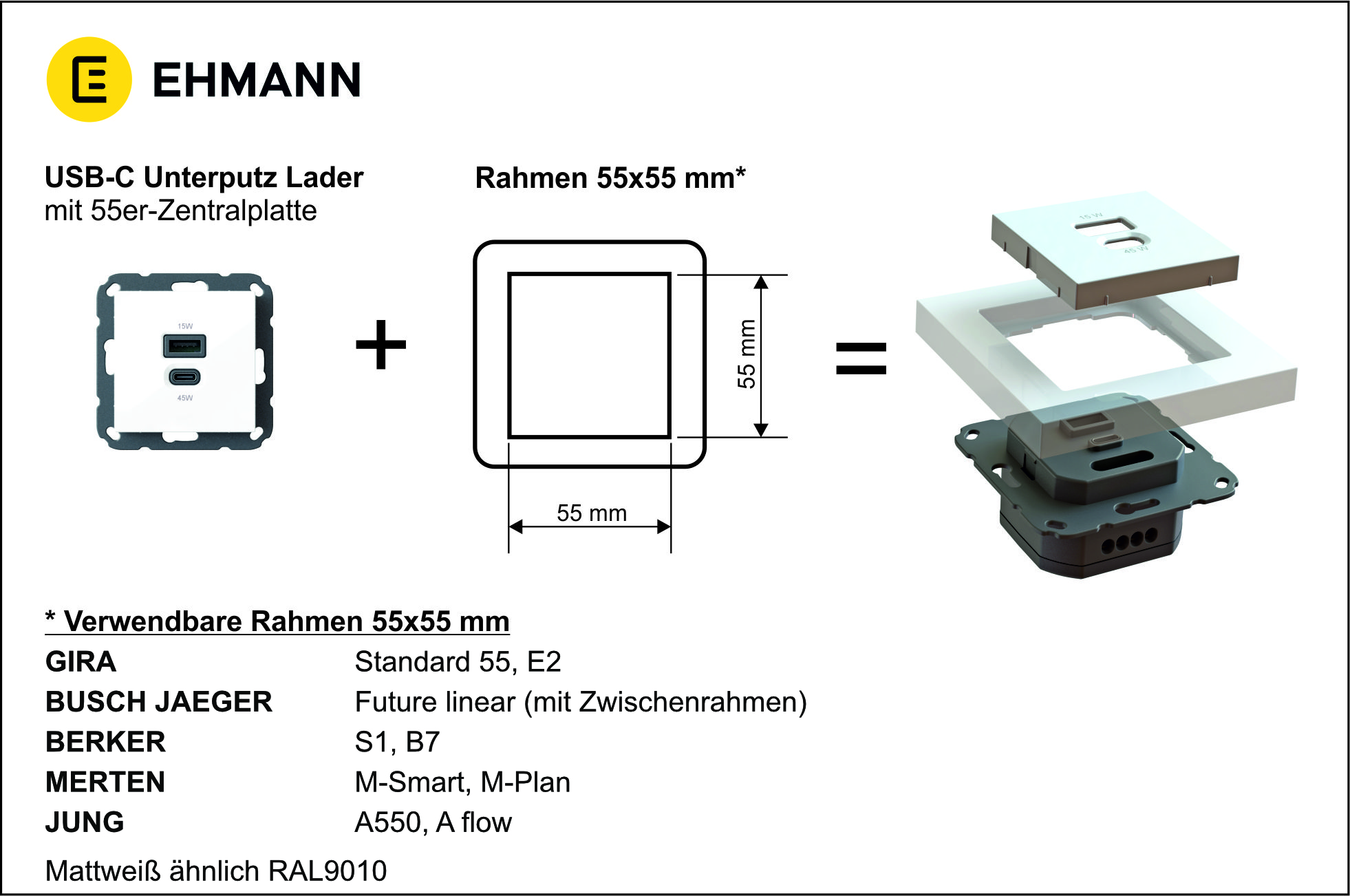 Unterputz USB-Ladestation mit USB-C 45 Watt + USB-A 15 Watt Charger, mattweiß mit Rahmen 