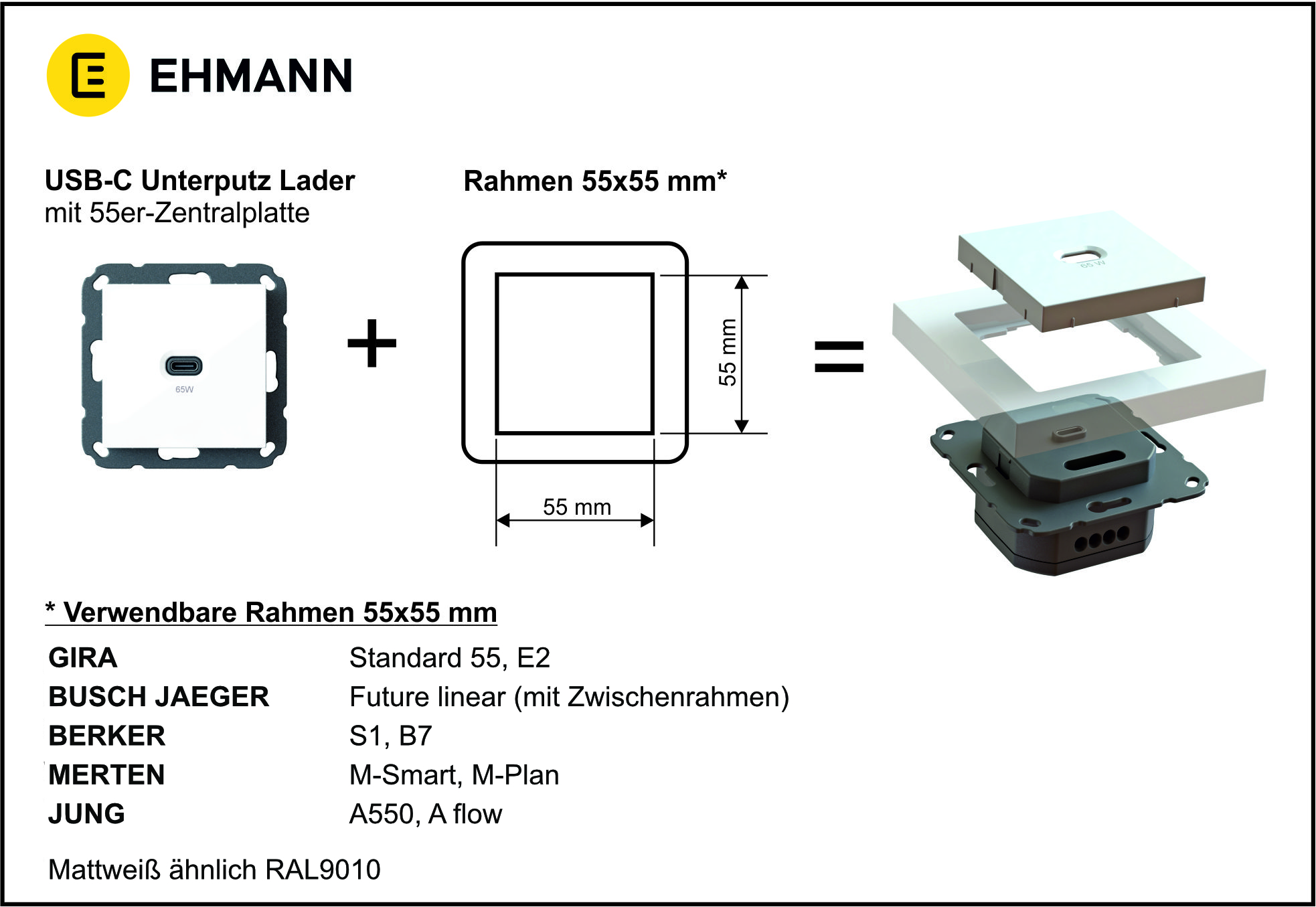 Unterputz USB-Ladestation mit USB-C 65 Watt Charger, mattweiß mit Rahmen