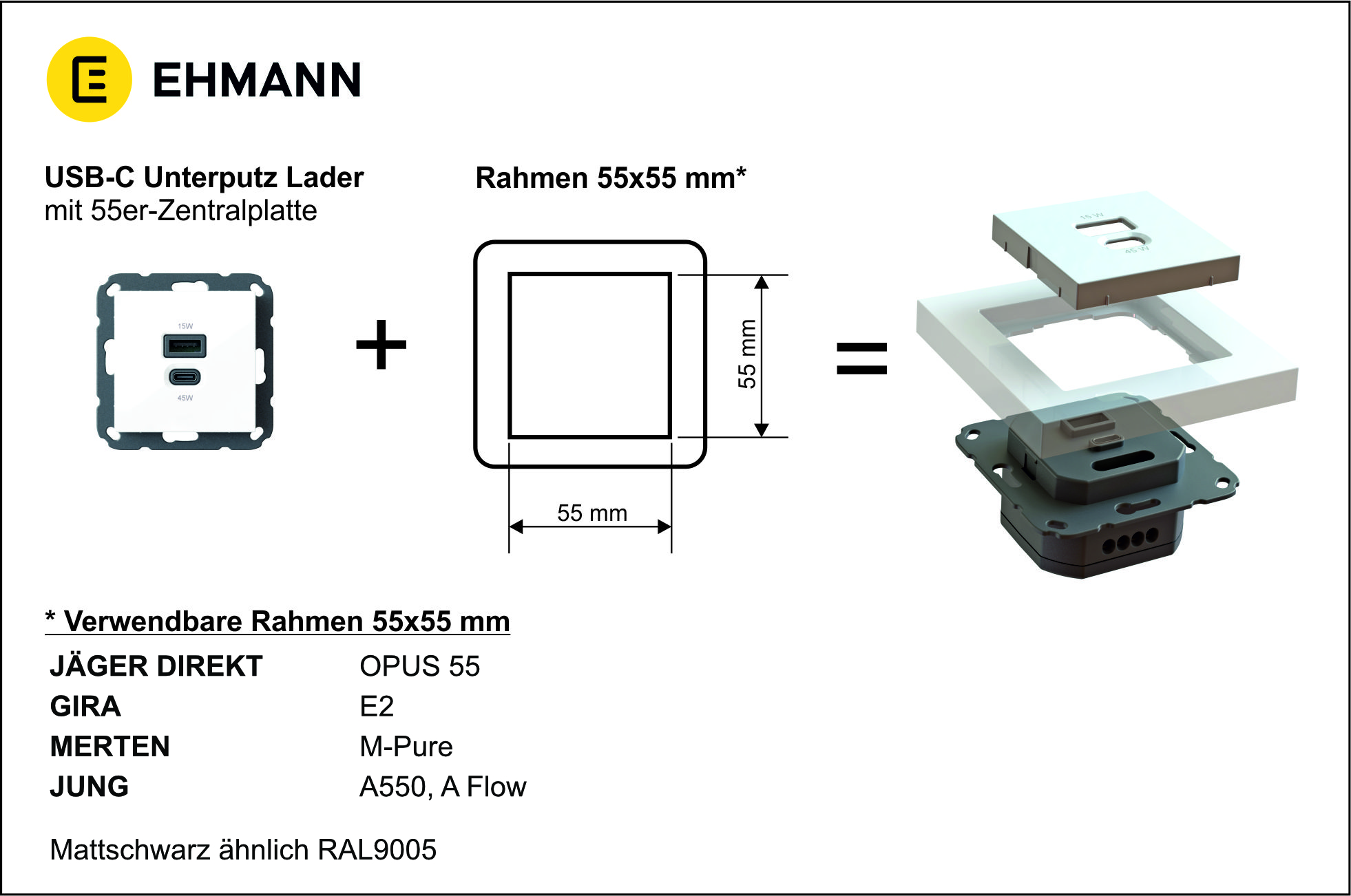 Unterputz USB-Ladestation mit USB-C 45 Watt + USB-A 15 Watt Charger, mattschwarz mit Rahmen